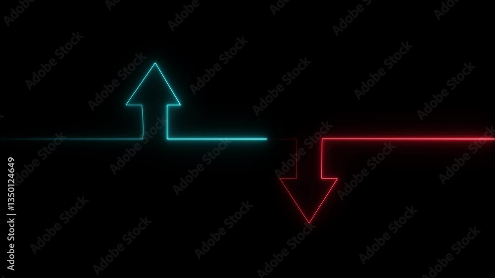 Poster neon line icon and up down arrow isolated on transparent black background. abstract glowing dynamic 