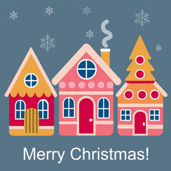 Obraz premium Vector card, Merry Christmas greeting with the image of festive European houses, simple, childish style