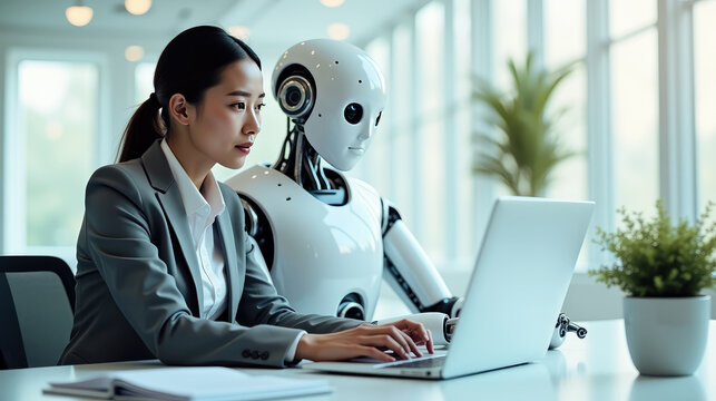 Executive woman working with robot in office