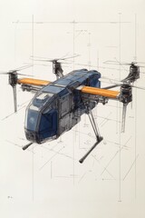 Conceptual schematic of a quadcopter drone with technical annotations