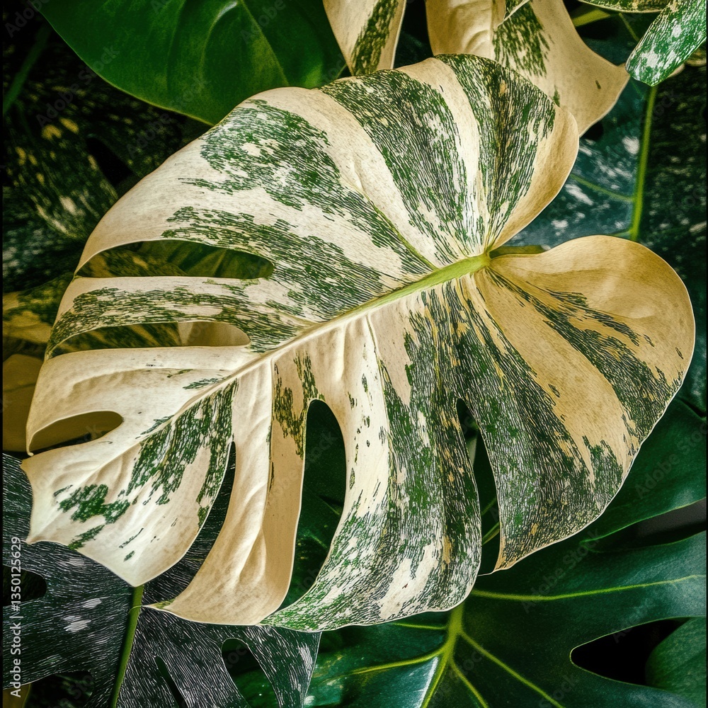 Poster unique variegated monstera leaves showcasing intricate patterns in a lush indoor setting