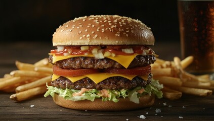 Juicy double cheeseburger, fries, beer, wood, pub