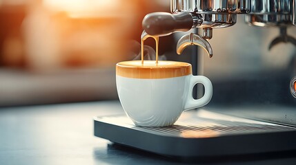 Espresso pouring with cafe, and morning sun.