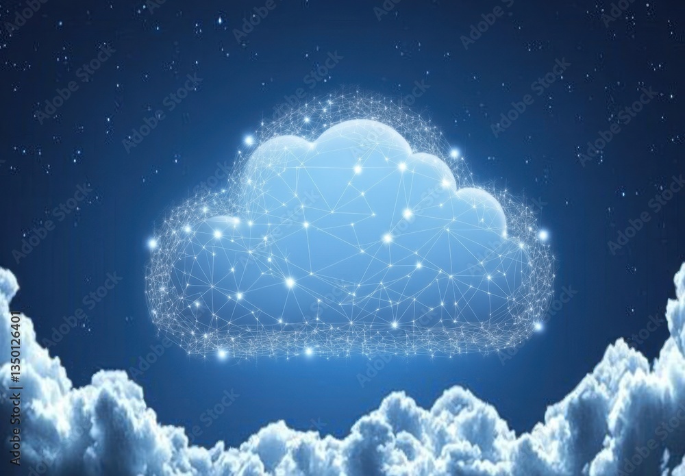 Poster cloud symbol surrounded by interconnected dots and lines, representing the connection between differ