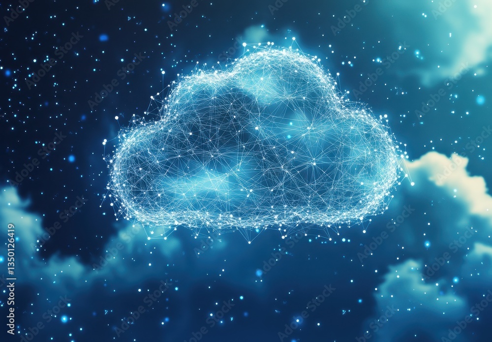 Poster a cloud symbol surrounded by interconnected dots and lines, representing the global network of cloud