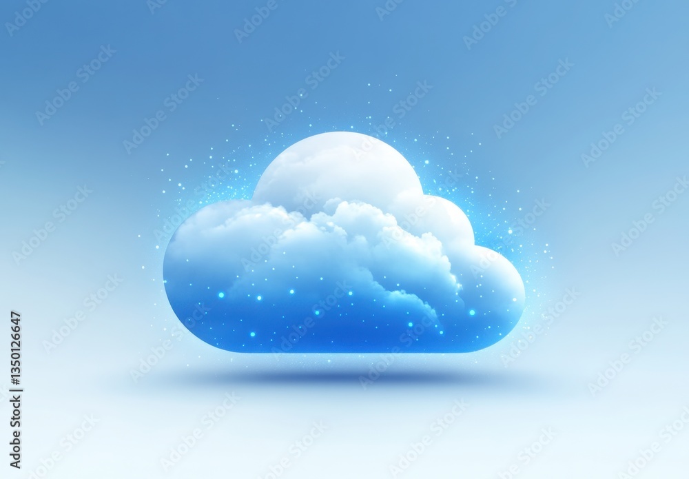 Poster white cloud icon with blue dots on a sky background, a digital network connection concept with cloud