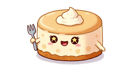 manga comic style, excited Japanese cheesecake character, fluffy jiggly body, starry eyes, holding a tiny fork 