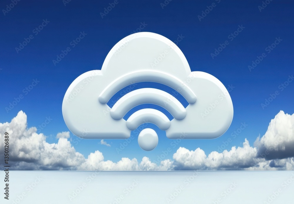 Poster a white cloud icon with a network connection on a blue sky background, a digital technology concept 