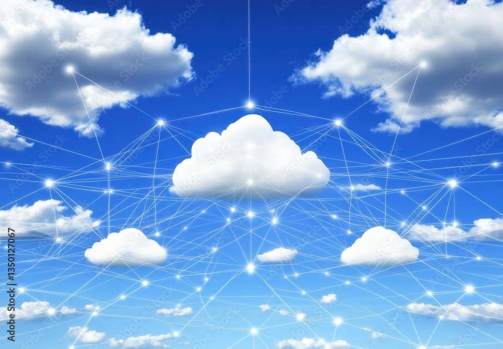 Poster a cloud icon with connections to various digital devices and data points against the backdrop of a b
