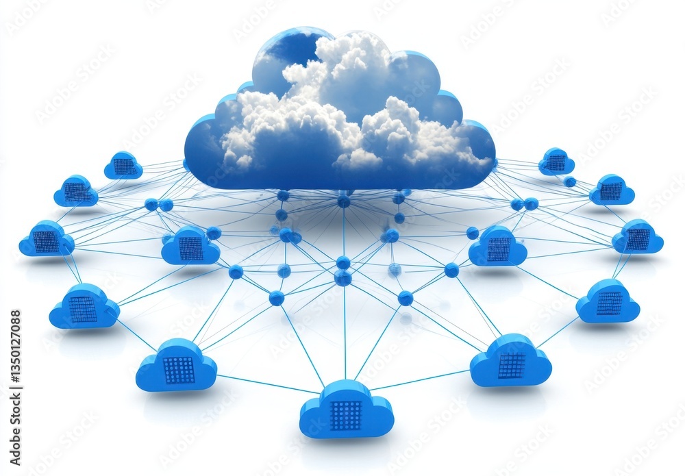 Poster a cloud icon with blue dots connected to it, representing the concept of virtualized and federated c