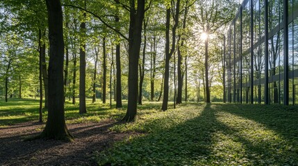 Fototapeta premium Sunlight Filtering Through Trees by Modern Building in a Park