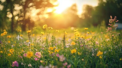 Vibrant Wildflower Meadow Bathed in Glowing Sunset Light