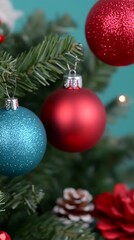 Fototapeta premium Festive Christmas Ornaments on Teal Background.