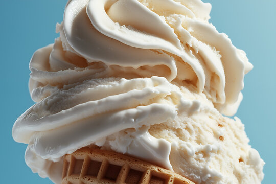 A close-up shot of a perfectly swirled vanilla soft-serve ice cream cone, its creamy texture highlighted under soft studio lighting