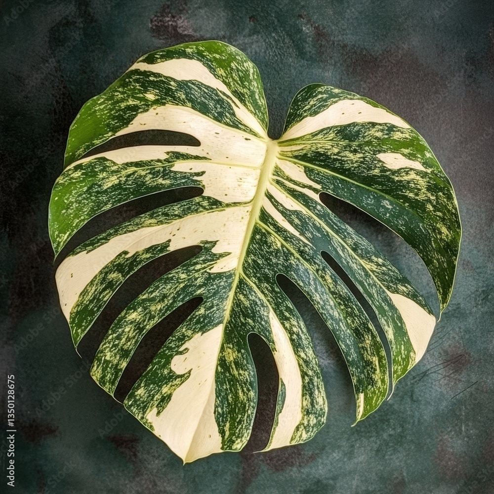 Poster large variegated monstera leaf on a dark green background showcasing unique patterns and textures fo
