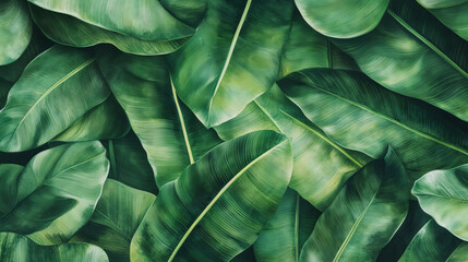 A lush pattern of tropical banana leaves in deep green tones. Rich, organic, and vibrant, perfect for nature-inspired decor, fashion, and contemporary design.