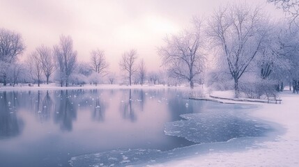 Serene Winter Landscape with Frosted Trees and Frozen Lake
