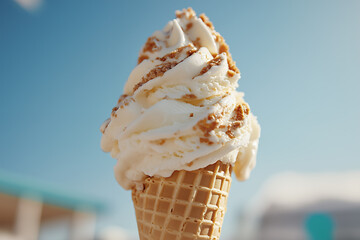 A close-up shot of a perfectly swirled vanilla soft-serve ice cream cone, its creamy texture highlighted under soft studio lighting