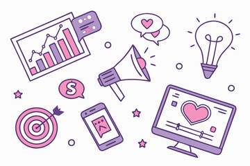 46 Cute digital marketing icons, pastel colors, 3D illustrations, social media symbols, analytics graphs, messaging bubbles, emojis, megaphone, light bulb idea, target with arrow, credit card, mobile 