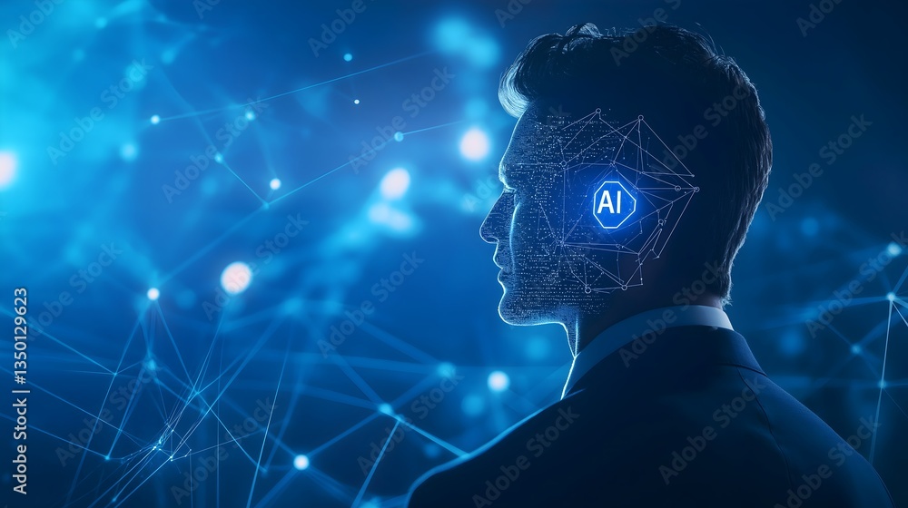 Poster embracing the digital brain: a man with a face shaped by glowing ai, exploring the fusion of man and