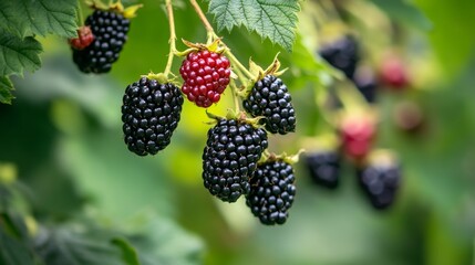 A bunch of ripe blackberry fruits on a branch with green leaves.Ripe blackberry fruits in the garden or forest.Blackberry harvest. 
