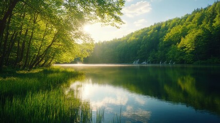 Fototapeta premium Serene Sunrise over a Tranquil Lake in Lush Forest