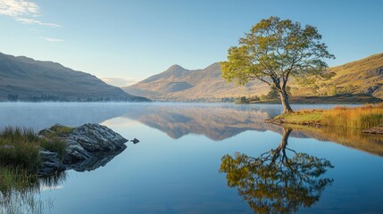 Fototapeta premium Serene Lake Landscape with Reflection and Lone Tree at Dawn
