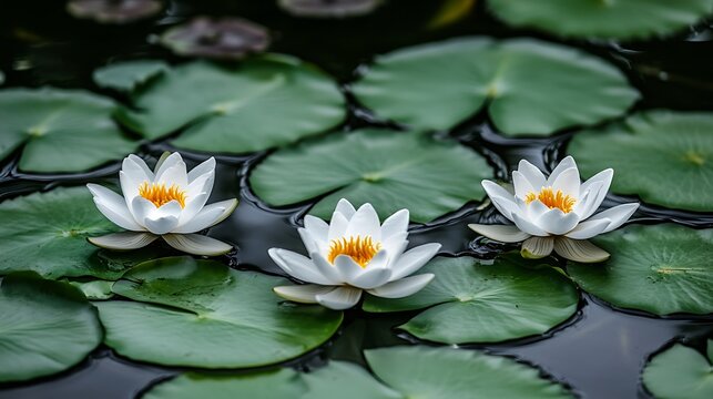 Three white water lilies bloom on dark green lily pads.