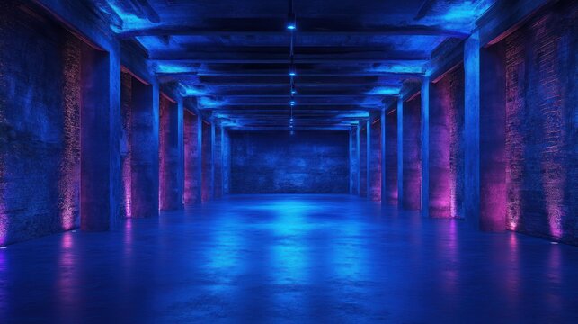 Neon-Lit Underground Hallway: A Symphony of Blue and Pink