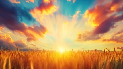Obraz premium Golden sunset over a wheat field. A breathtaking view of a vibrant sunset, casting a warm glow over a ripe wheat field.