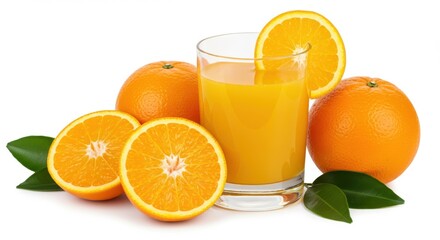 Still life of orange juice in a glass with whole and sliced oranges on a white background surface