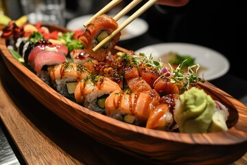 Sushi boat, restaurant, chopsticks, picking, salmon, delicious, meal, background