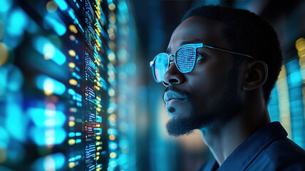 A focused young man wearing reflective glasses examines a digital data screen filled with glowing blue and yellow codes. The futuristic setting emphasizes technology and and cybersecurity.