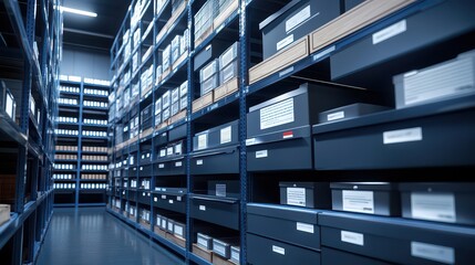 A well-organized storage facility showcasing neatly arranged boxes and shelves in a modern warehouse