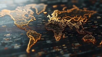 Glowing digital world map with data.
