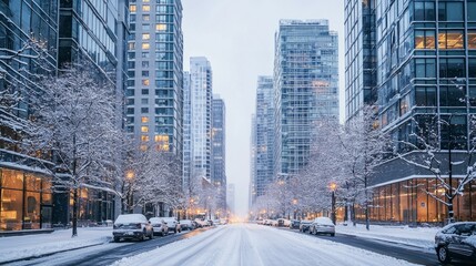 Obraz premium Snow-covered city street lined with tall buildings during winter