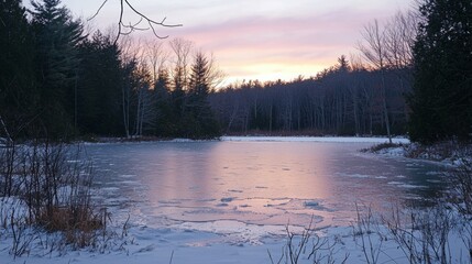 Fototapeta premium Serene Winter Landscape with Frozen Pond and Colorful Sunset Sky