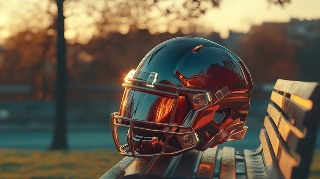 Football helmet rests on park bench at sunset - Powered by Adobe