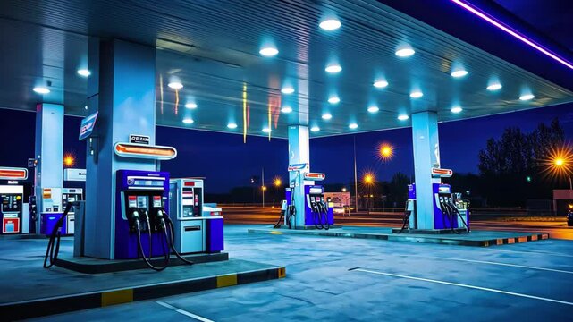 Gas station illuminated by neon lights at night in a quiet urban area, View of a gas station at night