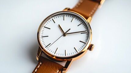 Gold wristwatch with brown leather strap on white background.