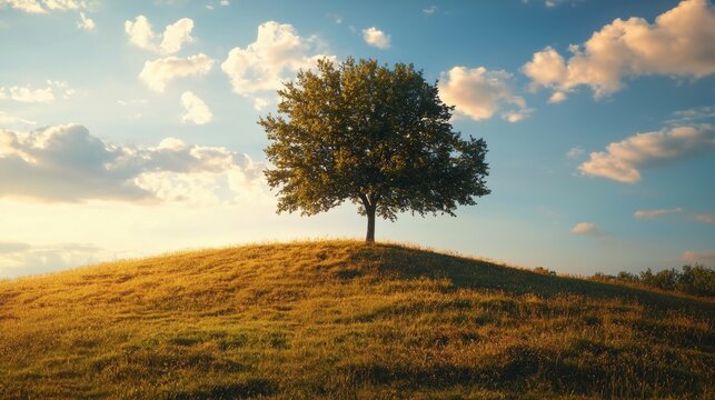 Serene Lone Tree on Hill Surrounded by Golden Grass and Blue Sky - Powered by Adobe