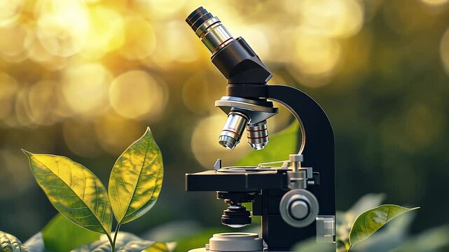 Microscope with leaves in the background. A black microscope with a blurry background. Green leaves with a glare of light. "microscope set against a backdrop of leaves. " Lifestyle.
