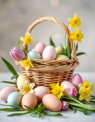 A beautifully arranged Easter still life featuring pastel-colored eggs, a wicker basket, fresh spring flowers like tulips and daffodils, and a soft bokeh background