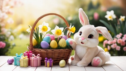A cute fluffy Easter bunny sitting next to a basket full of colorful eggs and small springtime gifts, with a blurred garden background.