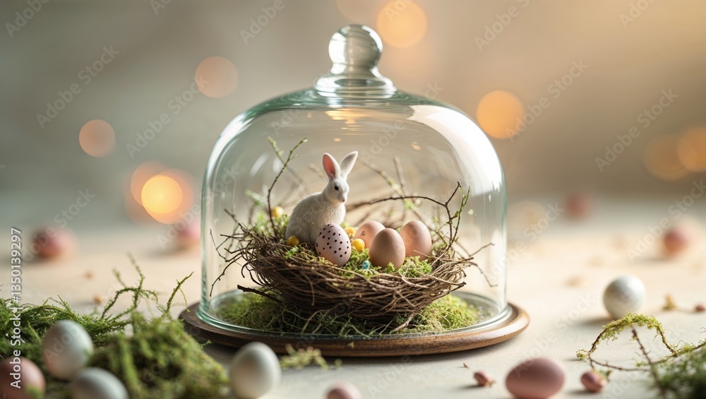 Poster decorative easter display with a rabbit figurine and eggs inside a glass dome on a soft background