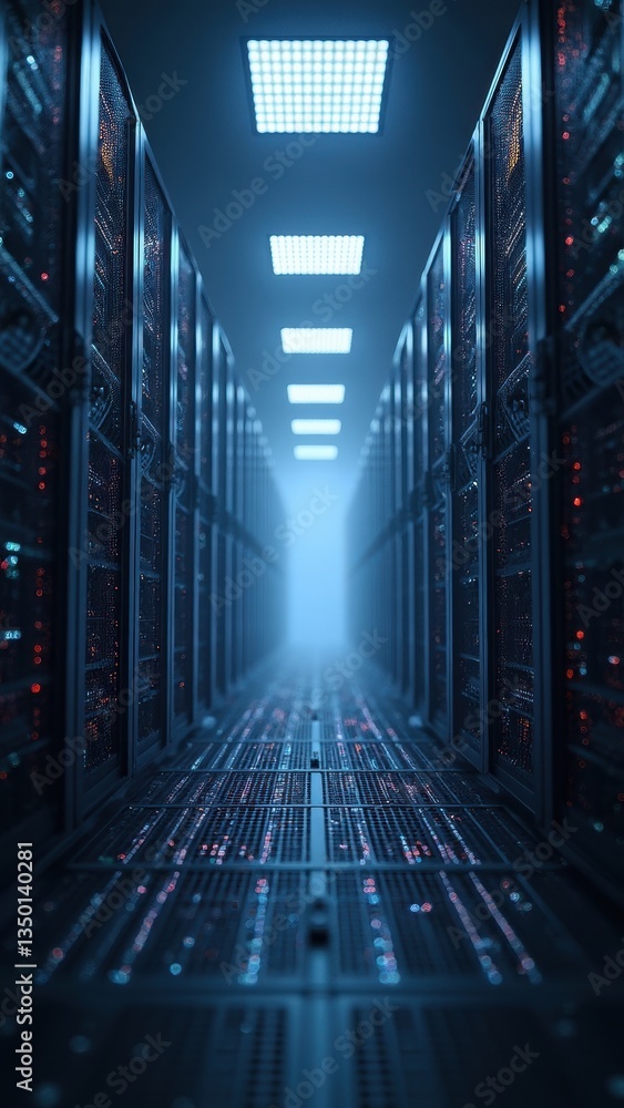 Poster long hallway with many computer servers. the lights are on and the room is dark. the servers are all