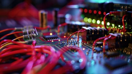 Close Up of a Circuit Board with Red Wires