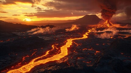 Fototapeta premium Volcanic eruption landscape at sunset