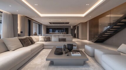Modern, spacious living area with neutral tones and minimalist design