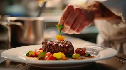 Naklejka premium Chef Adding Finishing Touches to a Gourmet Steak